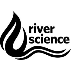 A black and white image of river science logo.
